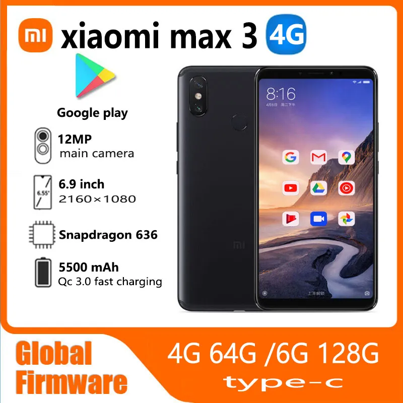 Xiaomi  Mi max 3 smartphone 4G Snapdragon 636 Facial recognition Posterior fingerprint Used phone - Imagen 1