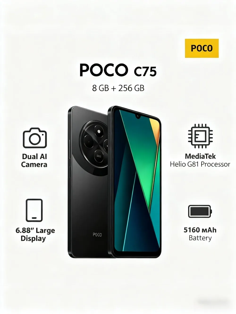 POCO C75 Smartphone 6.88 120Hz Display 50MP AI Camera 5160mAh Battery MediaTek Helio G81 Ultra Mobile Phones Smartphone - Imagen 1