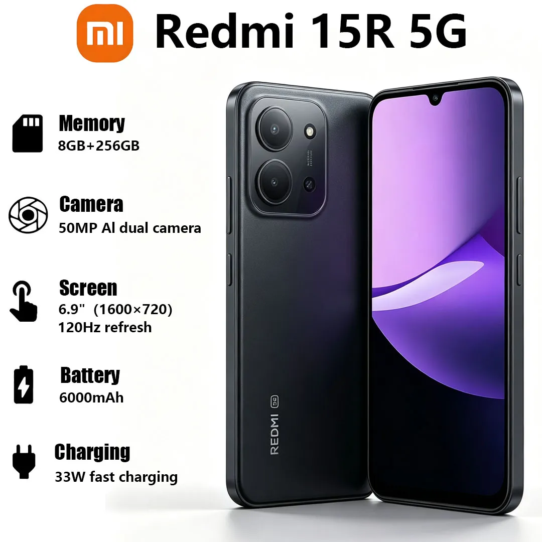 New Xiaomi Redmi 15R 5G Budget Mobile Phone 6.9 Inch Big Screen 6000mAh Battery 50MP AI Dual Camera Dual-SIM Global Smartphone - Imagen 1