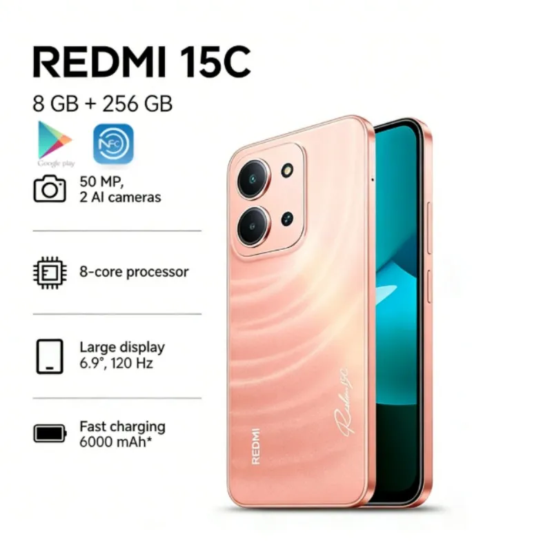 The Xiaomi Redmi 15C Global Edition smartphone features a 6.9-inch 120Hz display, an octa-core processor, a 6,000mAh battery - Imagen 1