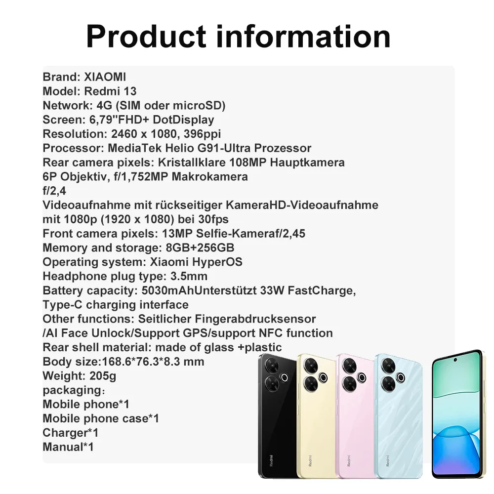 XIAOMI Redmi 13 NFC 2460 x 1080 high resolution 5030mAh long standby 8GB +256GB memory 108MP/13MP Selfie EU/US/UK specifications - Imagen 6
