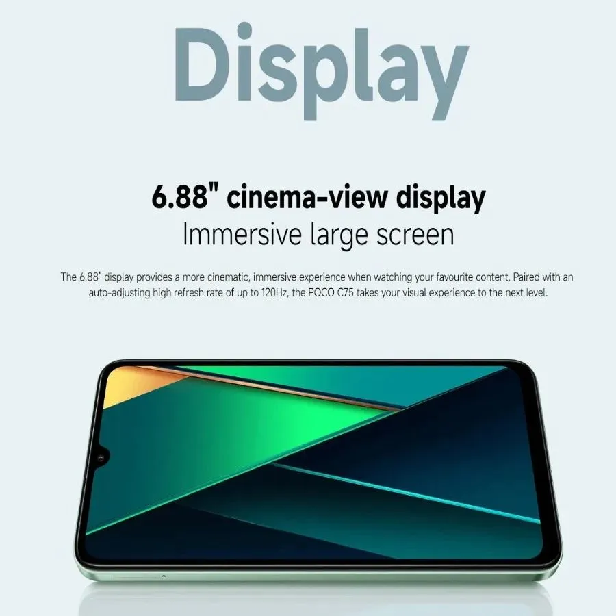 POCO C75: 6.88-inch display with a 120Hz refresh rate, 50MP AI dual camera, 5160mAh battery, 18W fast charging,  8GB RAM + 256GB - Imagen 5