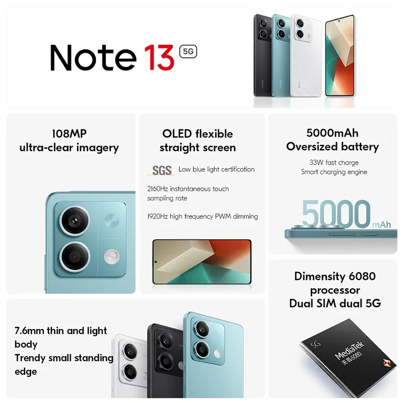 Global firmware  Xiaomi Redmi Note 13 5G Smartphone 128GB 256GB ROM Dimensity 6080 6.67'' AMOLED Screen 5000mAh 33W used phone - Imagen 2