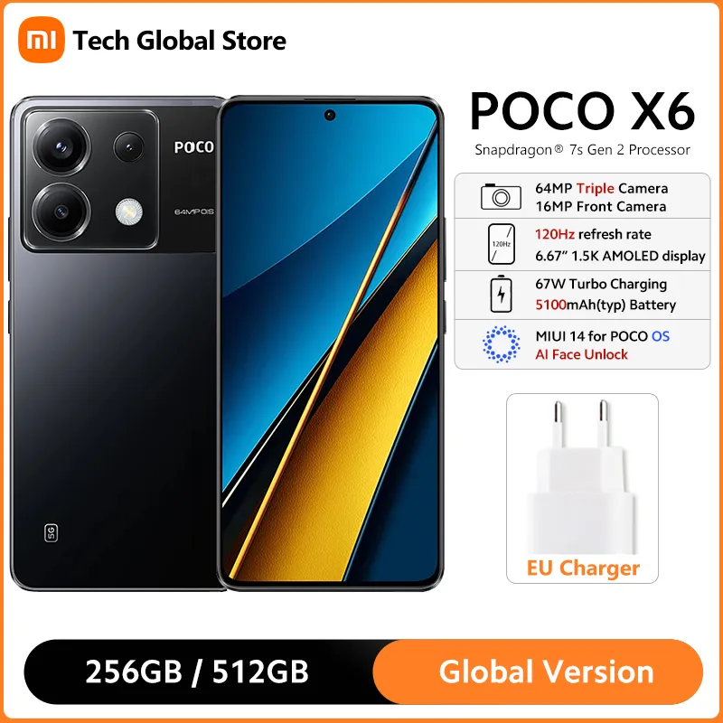 Global Version POCO X6 5G Smartphone Snapdragon 7s Gen 2 6.67" 120Hz AMOLED Display 64MP Triple Camera 67W Turbo Charging NFC - Imagen 1