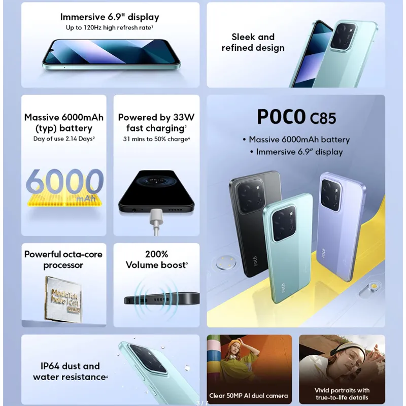 POCO C85 Global Version Smartphone 128/256GB Helio G81-Ultra 6000mAh battery 6.9" display 50MP Camera 33W NFC - Imagen 2