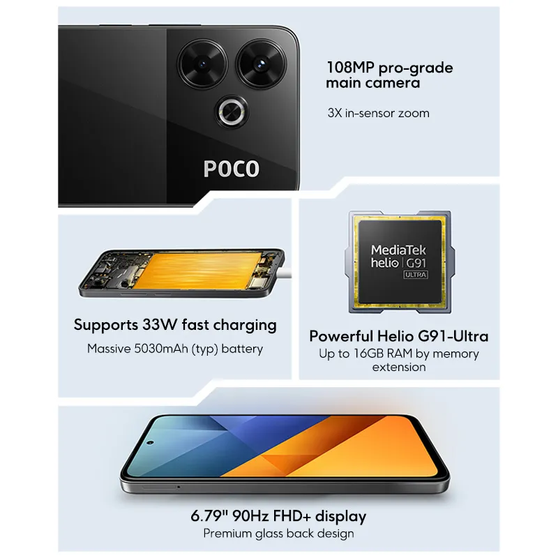 Global Version POCO M6 4G Smartphone  MTK Helio G91 Ultra 108MP camera 33W fast charging 5030mAh battery 6.79" 90Hz display - Imagen 5