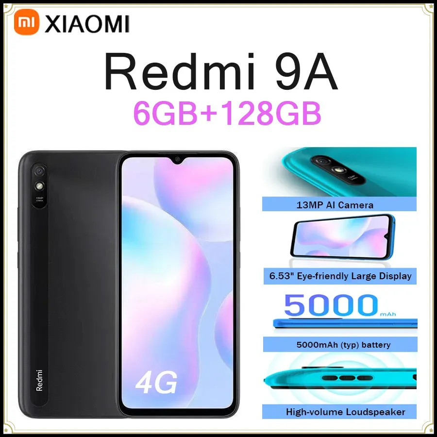 Global Version Xiaomi Redmi 9A 4G Unlocked Smartphone 6.53" HD+ Screen 5000mAh 13MP Camera Helio G25 Dual SIM MIUI Cell Phone - Imagen 1