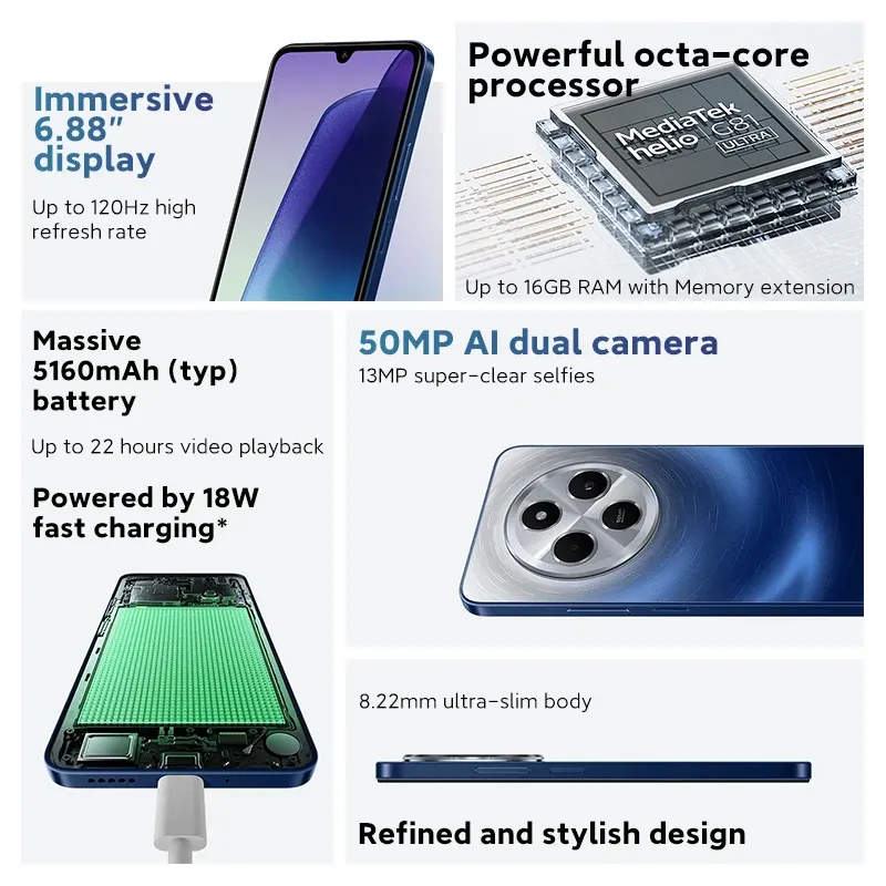 Global Version Xiaomi Redmi 14C Immersion 6.88'' 120Hz Display 50MP AI Dual Camera Massive 5160mAh Battery 18W Fast Charging - Imagen 2