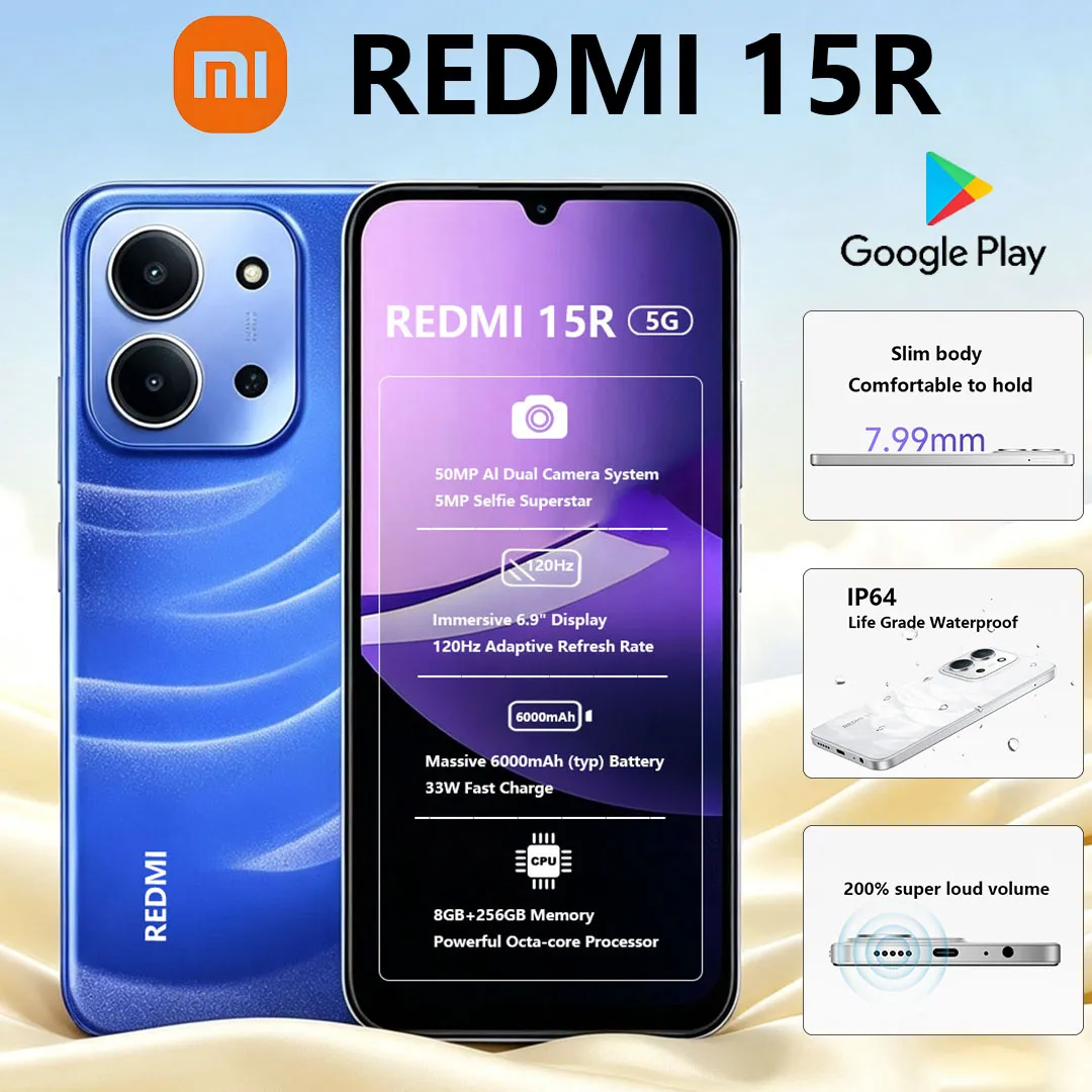New Xiaomi Redmi 15R 5G Smartphone 6.9" Eye-protecting Screen 6000mAh Battery 33W Charging Global Version Dual-SIM Gaming Phone - Imagen 1