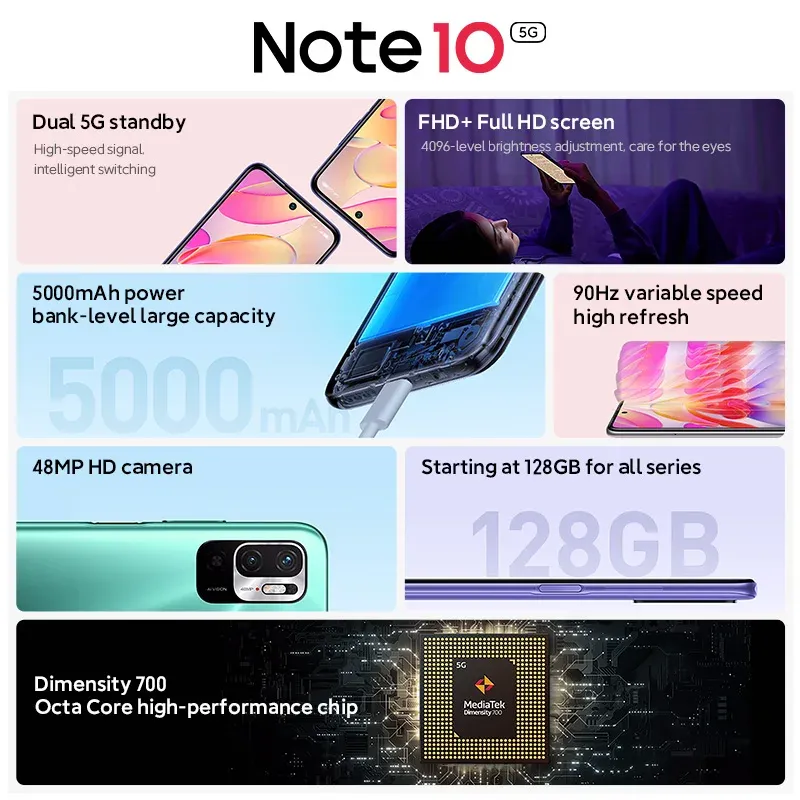 Xiaomi Redmi Note 10 128GB 256GB 7nm Dimensity 700 6.5 Inch Display 48MP Camera 5000mAh Mobile Phones Global ROM 5G Smartphone - Imagen 4