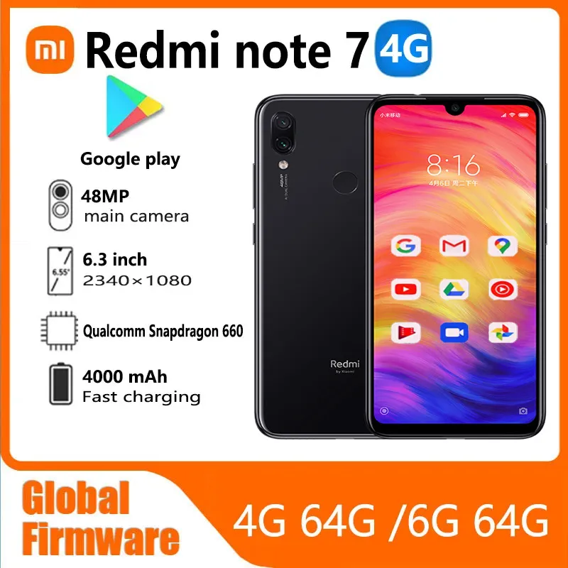 Xiaomi Redmi Note 7 6G 64G Global firmware Cellphone Original Smartphone Snapdragon 660 Posterior fingerprint used phone - Imagen 1