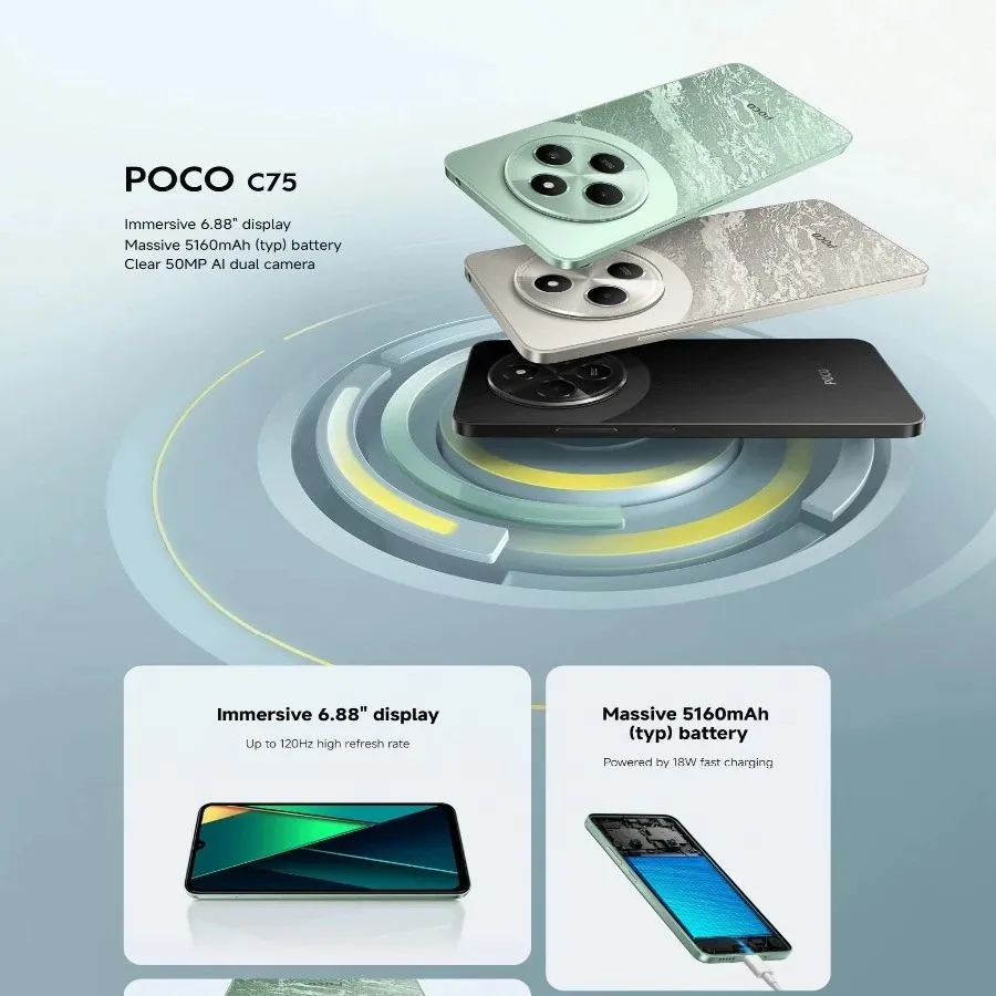 POCO C75: 6.88-inch display with a 120Hz refresh rate, 50MP AI dual camera, 5160mAh battery, 18W fast charging,  8GB RAM + 256GB - Imagen 4
