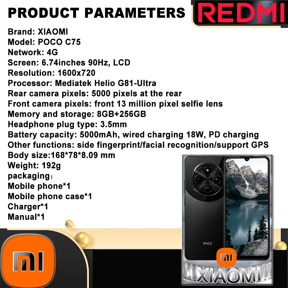 XIAOMI POCO C75 6.74-inch Helio G81-Ultra 8G/256GB ram and storage 5000mAh front 13 million pixel selfie lens smart camera phone - Imagen 6