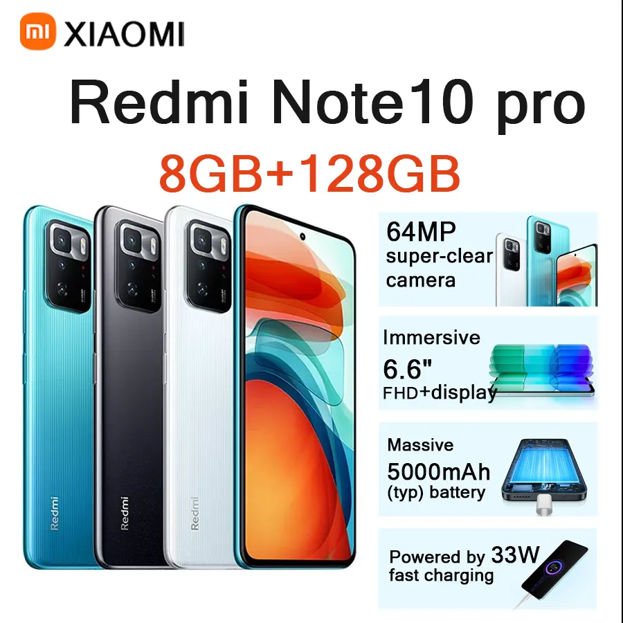 Xiaomi  Redmi Note10 pro 6.6 Inch HD Screen 8GB RAM 128GB ROM 64MP Camera 5000mAh Battery Dual SIM Unlocked Android Smartphone - Imagen 1