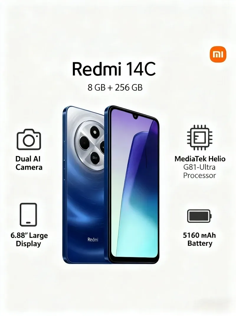 Redmi 14C 8GB+256GB Smartphone, 6.88" HD+ Display, 5160mAh Battery, MediaTek Helio G81-Ultra, 50MP AI Camera, Xiaomi HyperOS - Imagen 1
