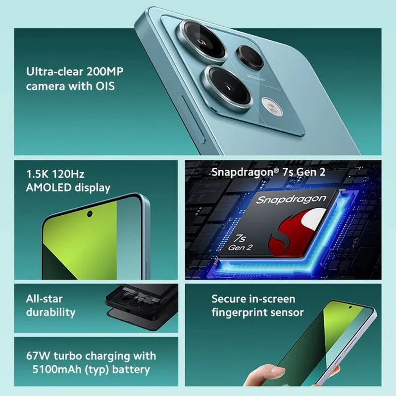 Global firmware Xiaomi Redmi Note 13 Pro 5G Smartphone 200MP OIS Camera Snapdragon 7s Gen 2 6.67" AMOLED used phone - Imagen 2