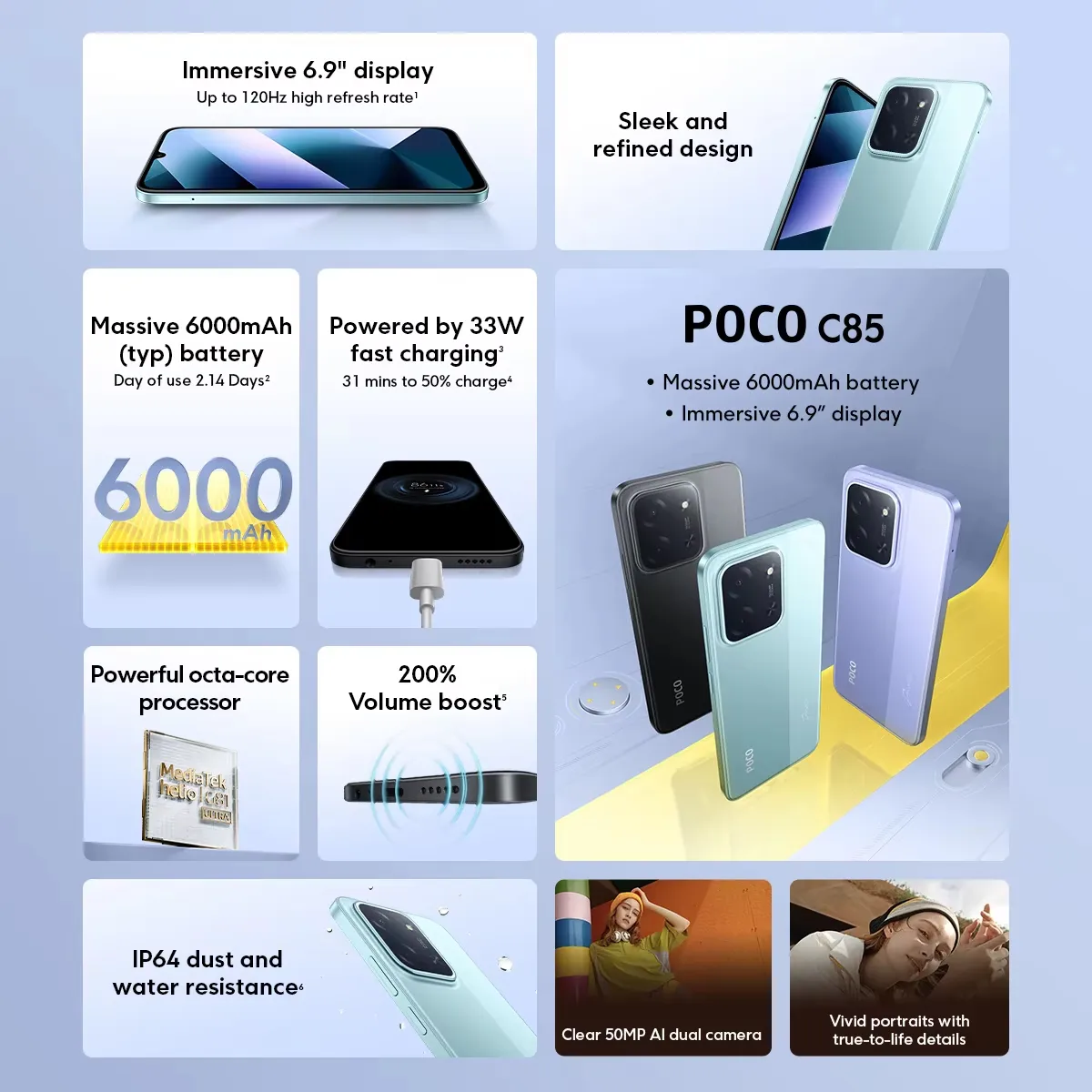POCO C85 Global Version Smartphone MediaTek Helio G81-Ultra NFC 6.9 6000mAh Battery Display 50MP Camera 33W Mobile Phones Xiaomi - Imagen 2